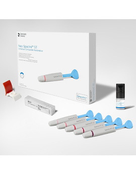Neo Spectra ST LV (низька в'язкість), набір шприців INTRO KIT, 5 шприців синього кольору по 3 г: А1, А2, А3, А3.5, А4; 1 флакон адгезиву Prime&Bond Universal 2,5 мл; наклейка шкали відтінків, аксесуари. Нео Спектра СТ ЛВ, нанокерамічний рентгеноконтрастний універсальний композит світлового затвердіння (Dentsply Sirona)