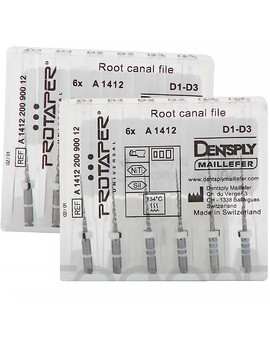 ProTaper Universal, асорті, 6 шт: D1x2, D2x2, D3x2, машинні нікельтитанові файли. Концепція ProTaper Retreatment: D1 - для розпломбування коронкової третини каналу, ISO 030, конусність 9%, одне біле кільце, активний кінчик файлу; D2 - для розпломбування середньої третини каналу, ISO 025, конусність 8%, два білих кільця, неактивний (скруглений) кінчик файлу;  D3 - для розпломбування апікальної третини каналу, ISO 020, конусність 7%, три білих кільця, неактивний (скруглений) кінчик файлу