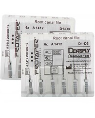 ProTaper Universal, асорті, 6 шт: D1x2, D2x2, D3x2, машинні нікельтитанові файли. Концепція ProTaper Retreatment: D1 - для розпломбування коронкової третини каналу, ISO 030, конусність 9%, одне біле кільце, активний кінчик файлу; D2 - для розпломбування середньої третини каналу, ISO 025, конусність 8%, два білих кільця, неактивний (скруглений) кінчик файлу;  D3 - для розпломбування апікальної третини каналу, ISO 020, конусність 7%, три білих кільця, неактивний (скруглений) кінчик файлу